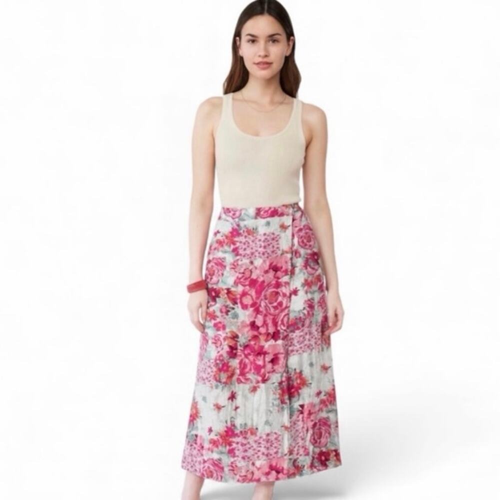 Haute Hippie Linen Floral Patchwork Midi Skirt Pink White Size Small EUC